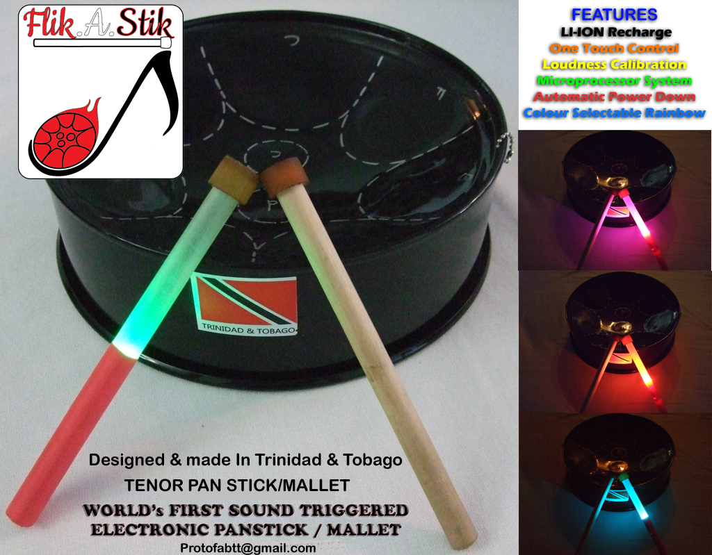 Flick-A-Stik electronic tenor pansticks illuminated on a Trinidad and Tobago steelpan